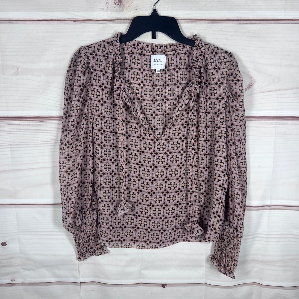MISA Blouse Womens XXS Pink Floral Chiffon Ruffle V-Neck Long Sleeve Boho Top